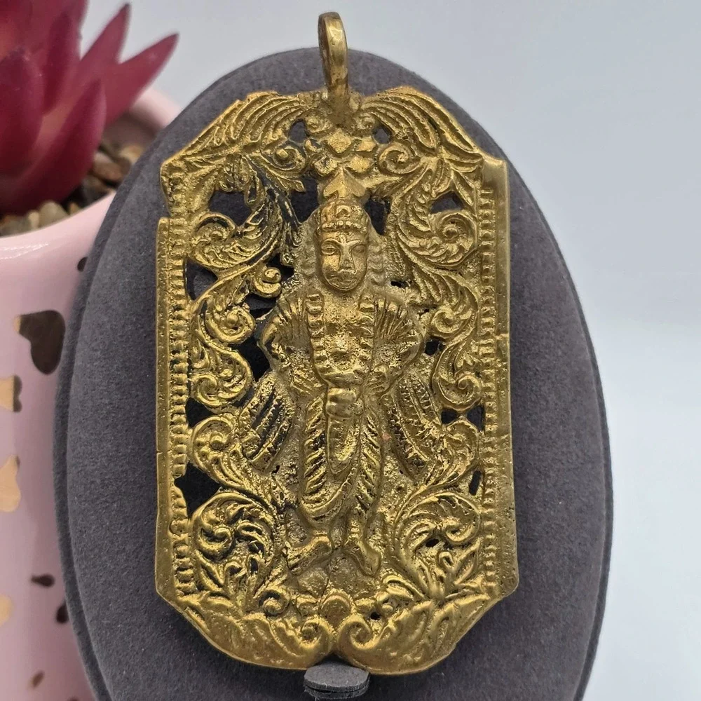 Vintage Brass Vishnu Deity Pendant Amulet Religious Charm Ornate Filigree‎ Hindu